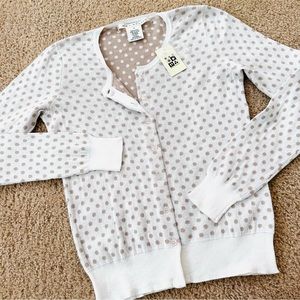 NWT Max Studio Cotton Cardigan Button Crew Neck Dot White Tan Size M